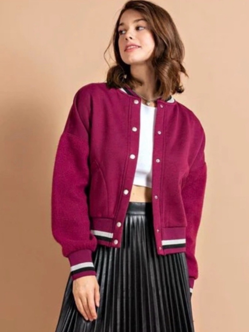 Kori America Womens Maroon Varsity Jacket with Striped Trim